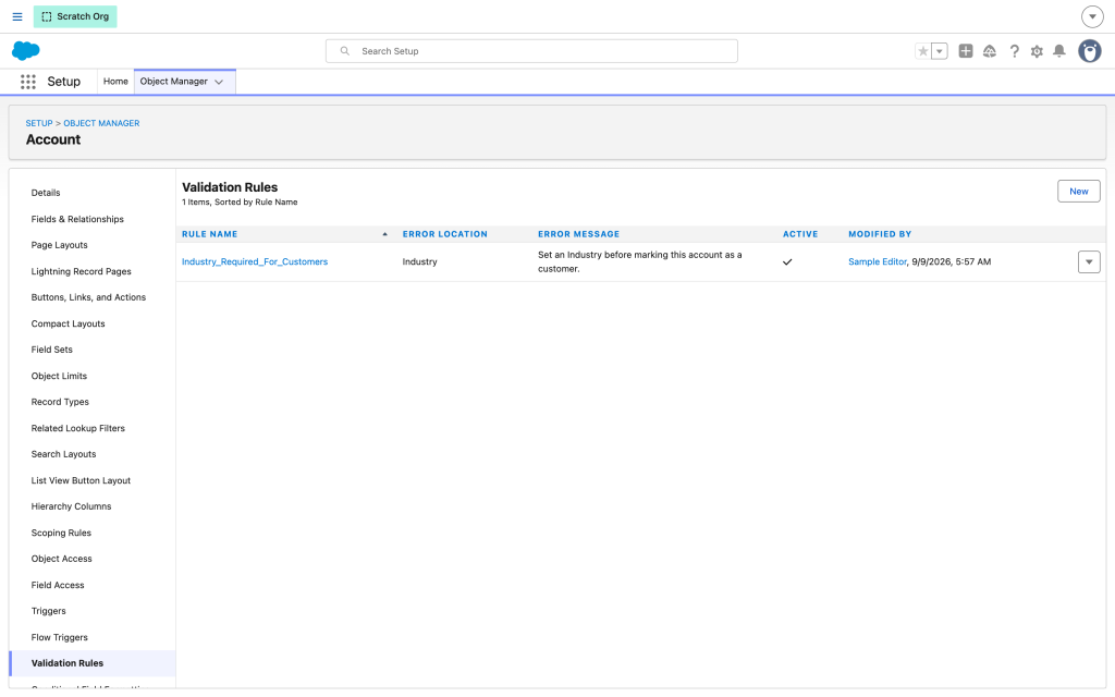 The Validation Rules list in Object Manager