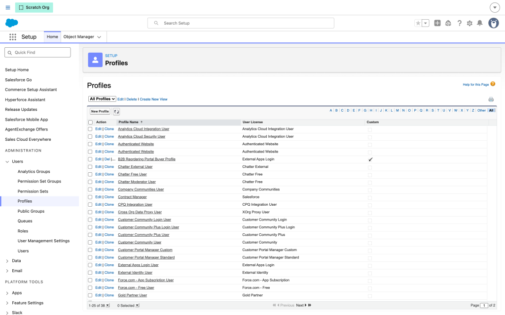 The Profiles list in Setup