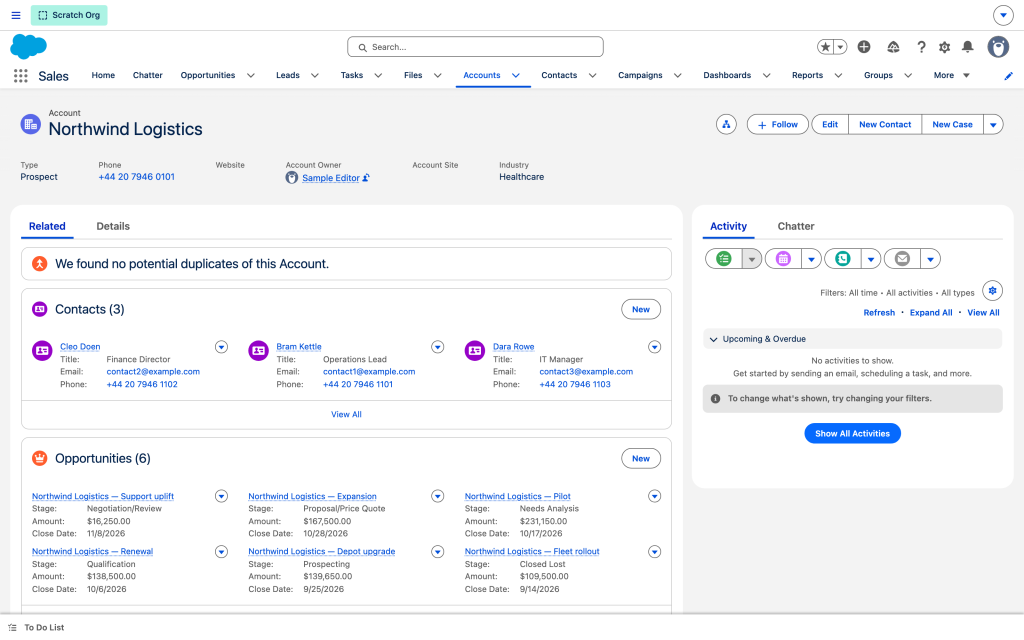 An account record page with related contacts and six opportunities, each showing stage and amount