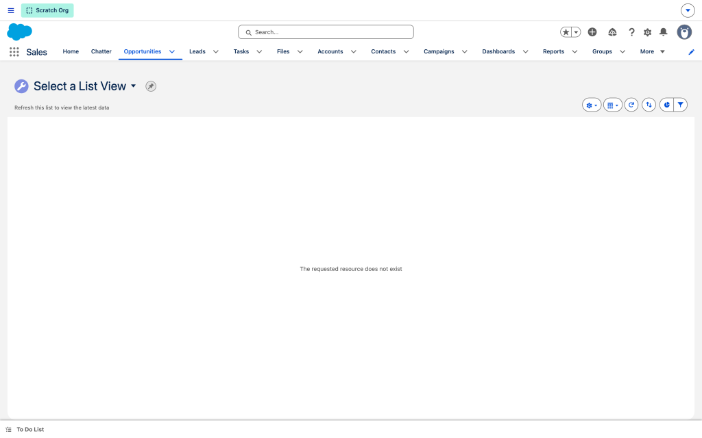 A Salesforce Opportunity Pipeline list view showing account, amount, close date, stage and owner for every row