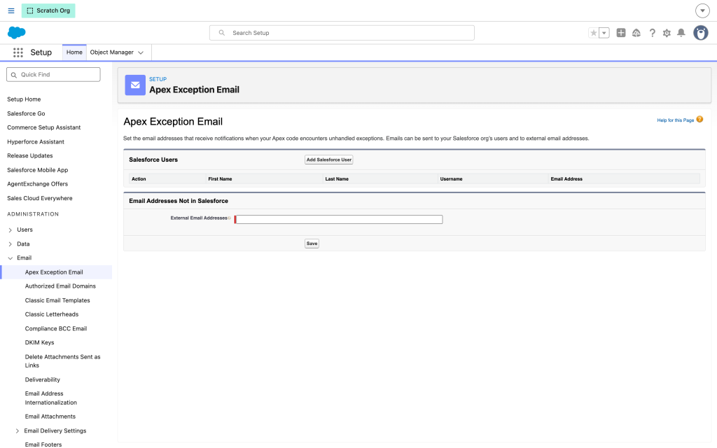 Apex Exception Email settings in Setup