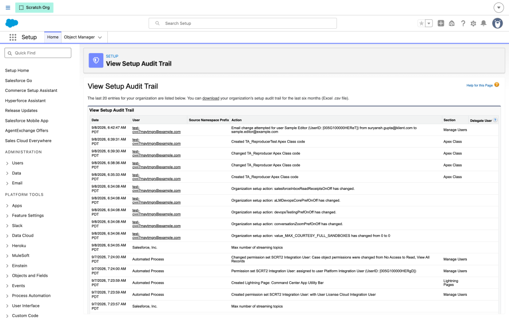 Setup Audit Trail listing metadata changes with user and timestamp