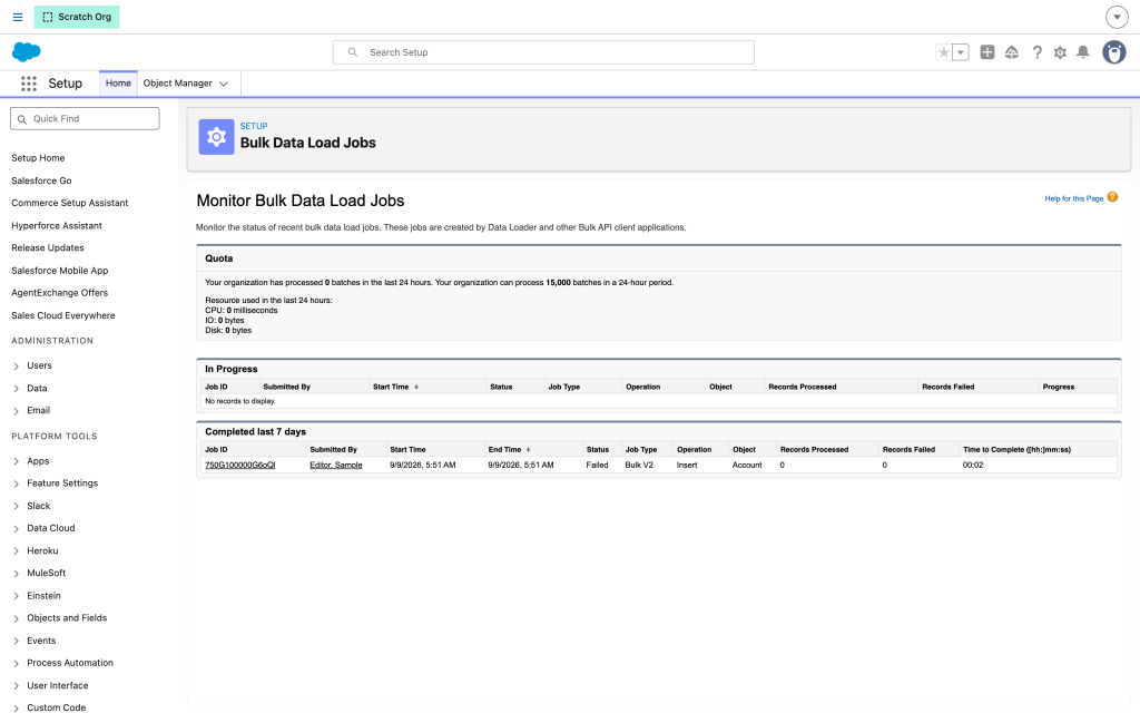 Bulk Data Load Jobs showing batch results