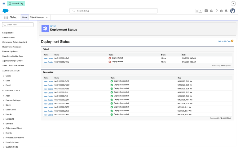 Deployment Status showing a failed deployment