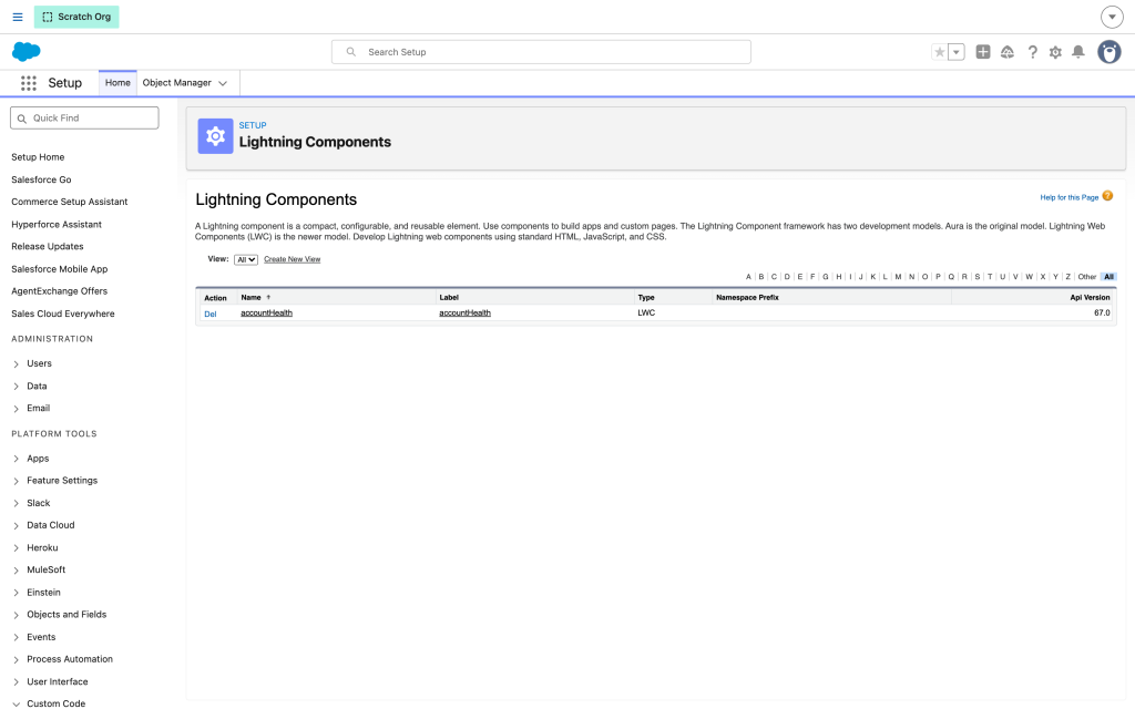 The Lightning Components page in Setup listing a deployed component bundle