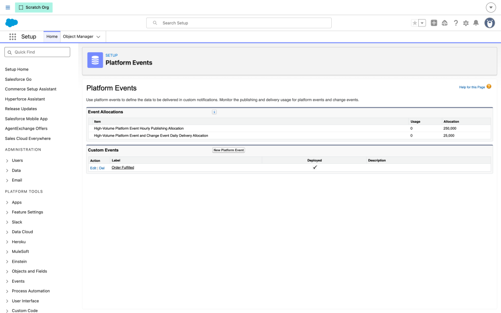 The Platform Events setup page showing event allocations and a custom platform event