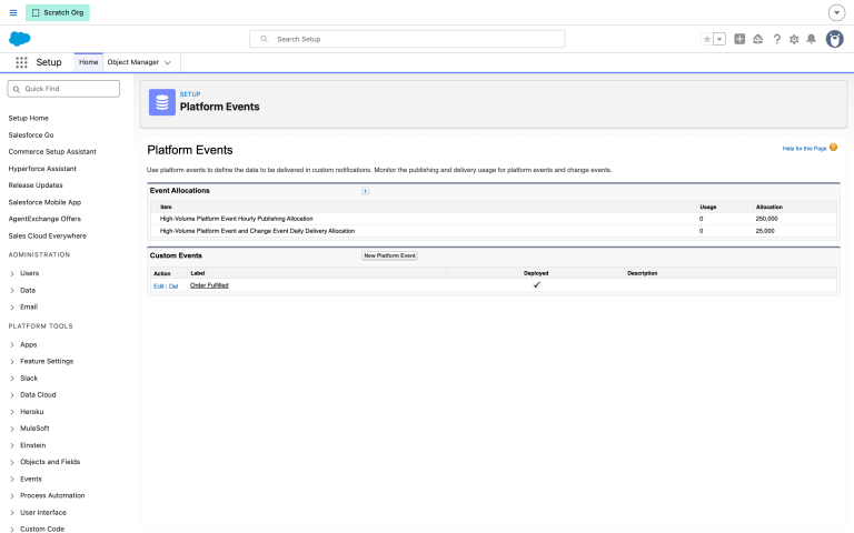 The Platform Events list in Setup