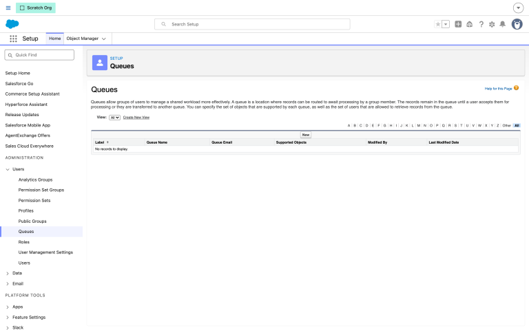 The Queues page in Setup