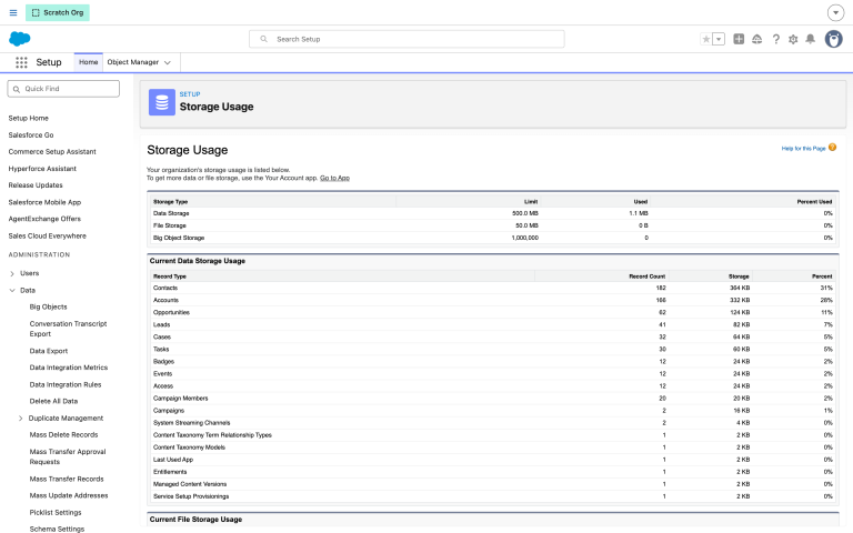 The Storage Usage page in Setup