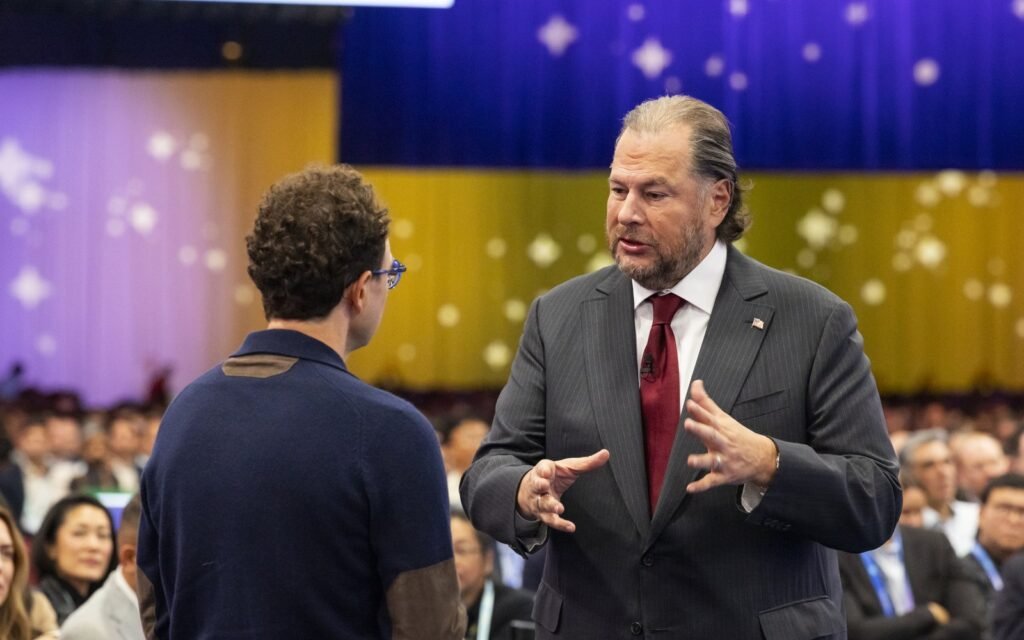 Marc Benioff and Dario Amodei talking on the Dreamforce '26 main keynote stage